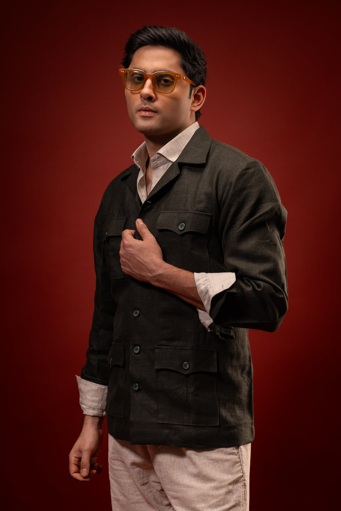 Obsidian Verde | 100% Pure Linen Jacket S | Deep Green